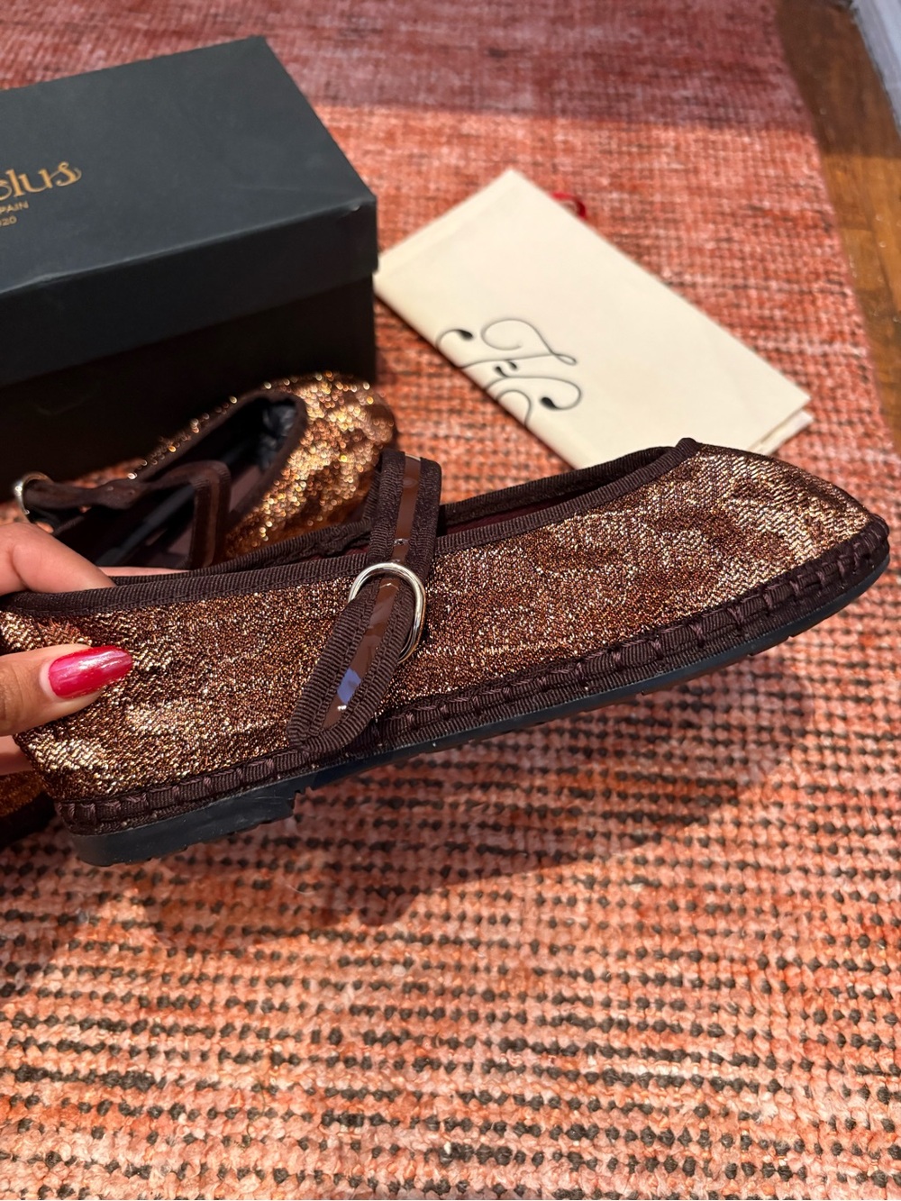 Flabelus Isabel Women’s Mary Jane Flats in Brown Metallic Knit - Picture 3 of 5